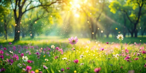 Obraz premium A vibrant field of flowers bathed in the warm glow of the setting sun, a symphony of colors dancing in the gentle breeze.