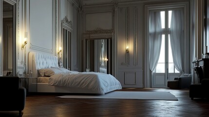 Fototapeta premium minimalistic stylish interior of luxury apartment with white stylish bedroom and dark living room 
