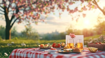 A picnic table with a red and white checkered tablecloth