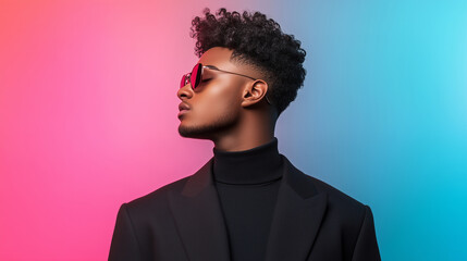 Obraz premium stylish man with curly hair and sunglasses poses against vibrant pink and blue background, exuding confidence and modern fashion.