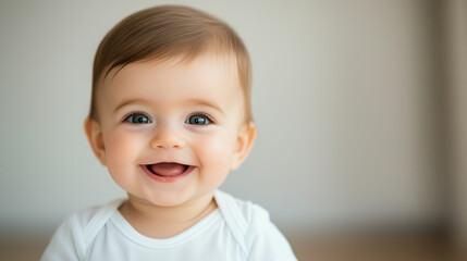 happy baby with brown hair and blue eyes, smiling joyfully in bright setting.