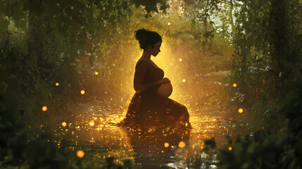 Obraz premium Ethereal figure of a pregnant woman surrounded by glowing leaves at twilight. Luminous. Illustration