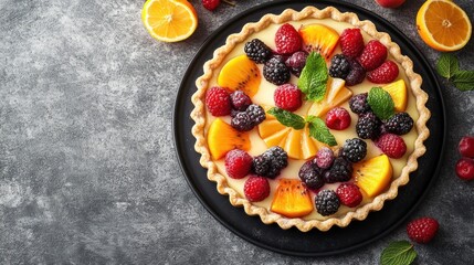 A delicious looking fruit pie with a variety of fruits including raspberries