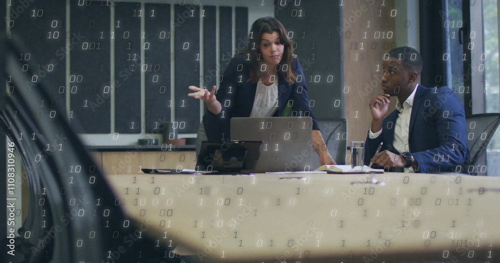 Poster image of binary coding data processing over diverse business people in office