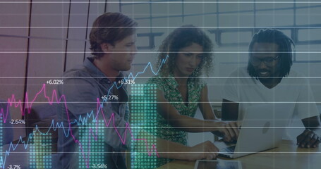 Image of financial data processing over diverse colleagues discussing work in office