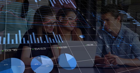 Image of financial data processing over diverse colleagues discussing work in office