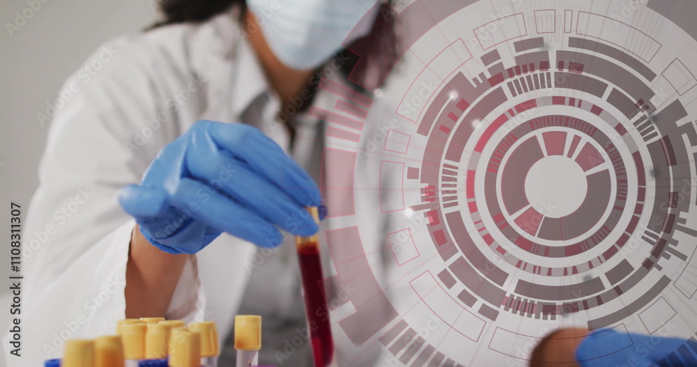 Poster scientist handling test tubes with futuristic data processing image over laboratory scene