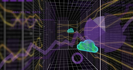 Image of data processing and clouds over dark background