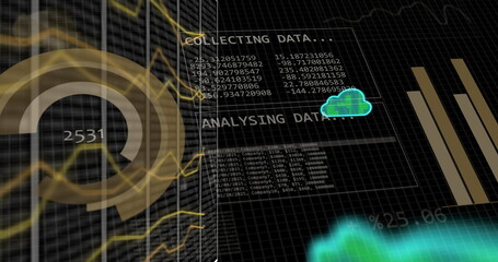 Image of data processing and clouds over dark background