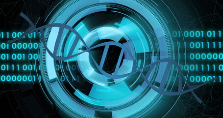 DNA strand and binary coding, scientific data processing image