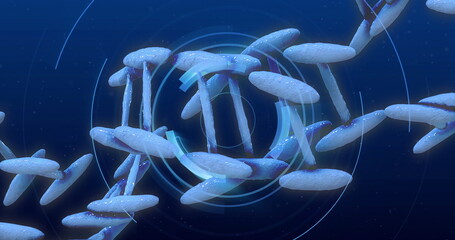 DNA strand with rotating circular elements, scientific data processing image