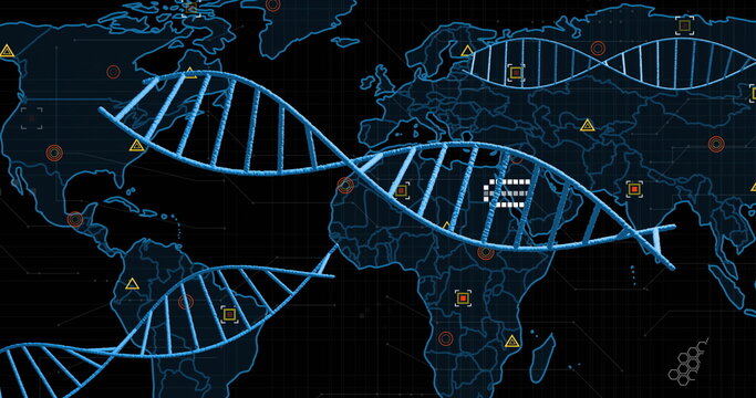 Image of dna strands and data processing over world map with africa highlighted