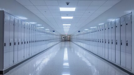 Empty School Hallway with Rows of Lockers and Bright Overhead Lighting in a Modern Educational Facility