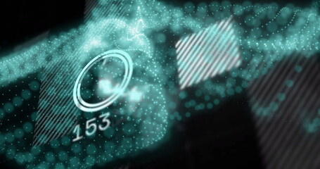 Digital data points forming abstract shape with numerical image over dark background