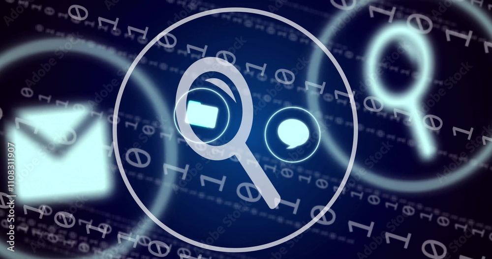 Poster magnifying glass and search icons image over binary code background