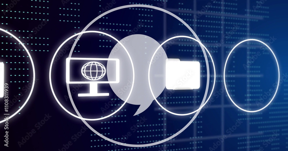 Poster camera, chat bubble, and computer icons image over digital data background