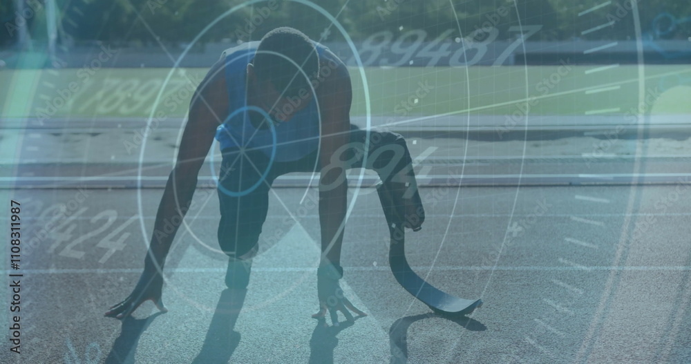 Poster athlete preparing to run with data processing image over track