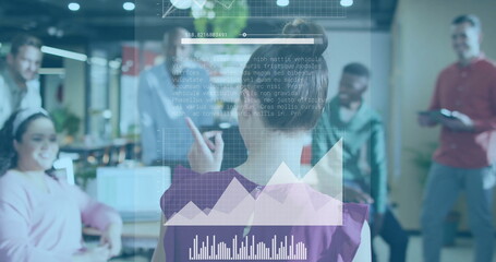 Data analytics and biometric information image over diverse business team in office