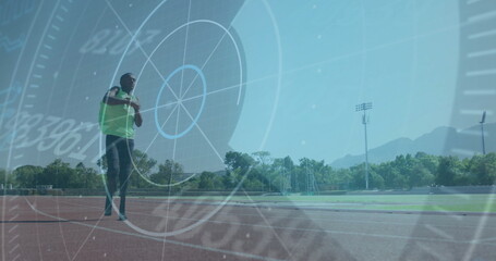 Running athlete on track with speed and performance data image overlaid