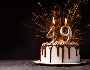 Birthday cake with 49 years birthday candle with sparks on dark background with copy space	