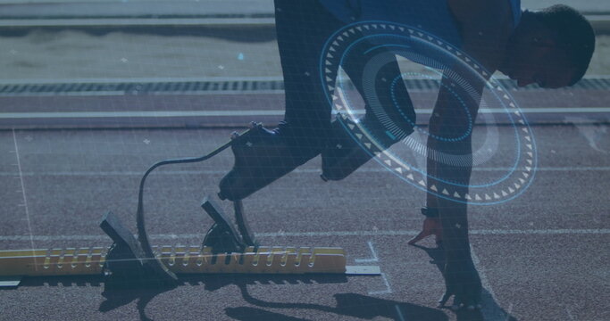 Runner on track with digital data processing image overlaid