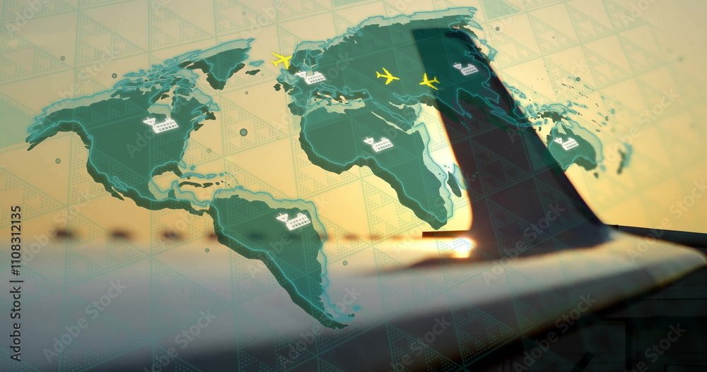 Poster image of world map with plane icons and digital data processing over airplane