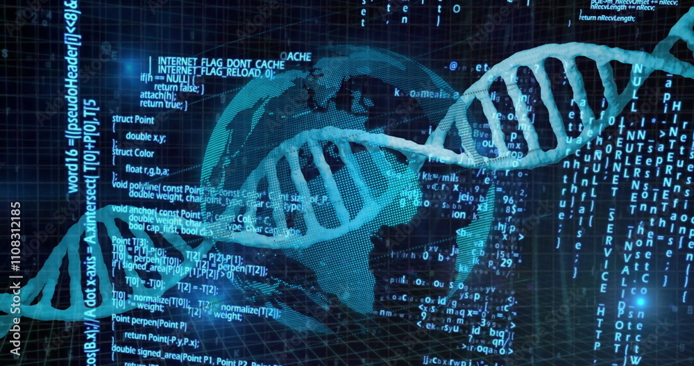 Poster dna strand and binary coding, scientific data processing image