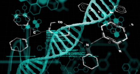 Image of chemical formula and dna strand on black background