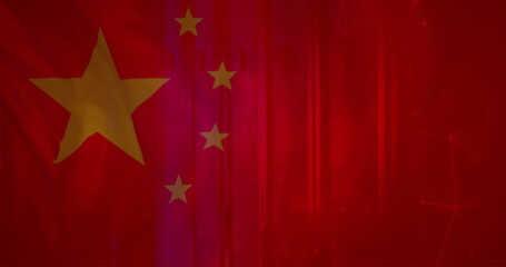 Image of flag of china and digital data processing over computer servers