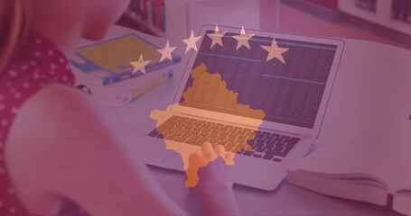 Image of flag of kosovo over caucasian woman using laptop