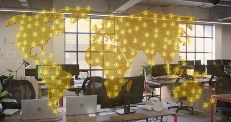 Image of world map with people icons and digital data processing over office