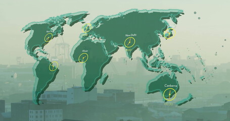 Image of data processing and world map over cityscape