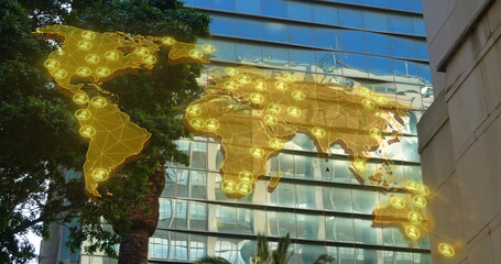 Image of media icons and world map over cityscape