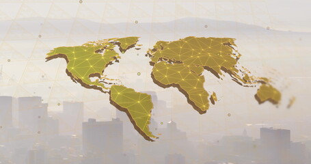 Image of world map and digital data processing over cityscape