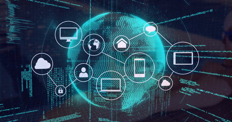 Image of data processing and media icons over globe