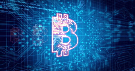 Image of data processing and bitcoin icons over connections