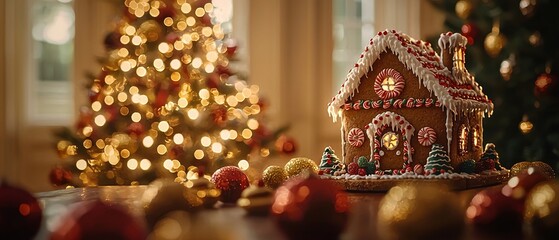 Fototapeta premium A cozy Christmas scene featuring a beautifully decorated gingerbread house with a festive tree in the background, glowing with warm lights and ornaments.