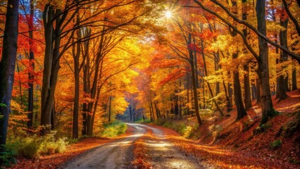 A winding path through a forest of vibrant autumn colors, bathed in the warm glow of sunlight, creates a picturesque scene of nature's beauty.