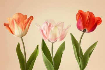 Beautiful tulips in various colors with soft petals, showcasing orange, pink, and red hues against a light, neutral background. Floral arrangement concept.