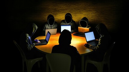 Group of hooded individuals in dark setting focusing on laptop screens around a lit table.