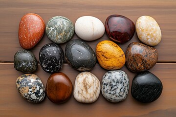 Obraz premium Collection of Fifteen Polished Stones on Wooden Surface