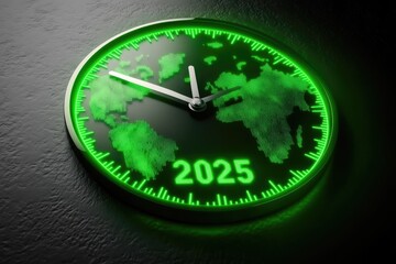 Creative clock design showcasing world map and luminous 2025 date in a modern style