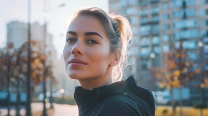Fototapeta premium Diabetic woman gets ready for an energizing outdoor run in a vibrant city at sunrise