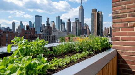 Fototapeta premium Urban rooftop garden with fresh herbs and vegetables overlooking city skyline. vibrant green space amidst tall buildings, showcasing sustainable living in urban environment