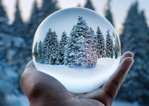 Mano mostrando una bola de cristal con arbol nevando