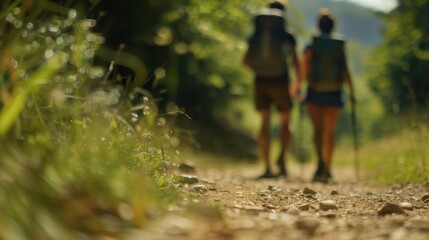 Fototapeta premium Defocused hikers strolling along a dirt path