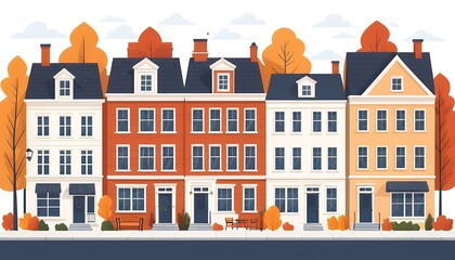 Fototapeta premium Charming Autumnal Row of Townhouses on a Sunny Day, Vibrant Fall Foliage, Quaint Street Scene, Classic Architecture, Cozy Neighborhood, Peaceful Atmosphere