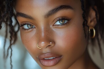 Model showcasing nose ring and skincare in a studio, emphasizing beauty, wellness, and natural cosmetics. Focus on healthy skin and luxurious facial products for young women,

