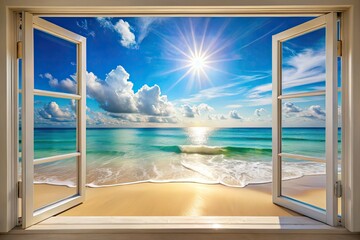 Fototapeta premium Serene Seaside Window View: Relaxing Ocean Panorama, Coastal Calm, Beach Escape, Holiday Getaway