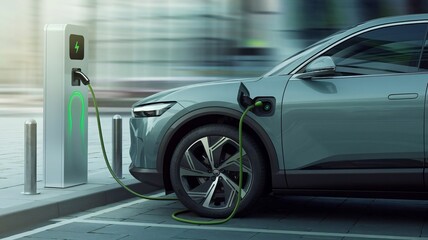 Fototapeta premium Electric car, charging station, technology, sustainability, eco-friendly, clean energy, automobile, vehicle, ev, plugin, power, outlet, energy consumption, environment, green transportation